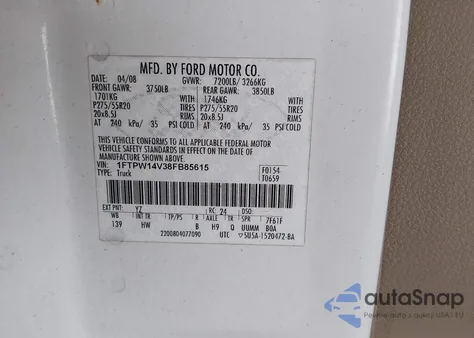 2008 Ford F-150 60Th Anniversary/Fx4/King Ranch/Lariat/Xlt из США, поврежденный, VIN 1FTPW14V38FB85615